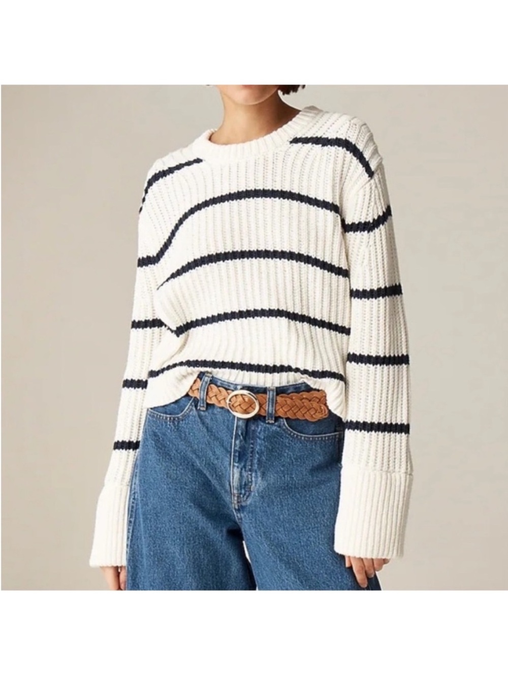 J.Crew Heritage Cotton Fisherman Crewneck Sweater Ivory/Navy Stripe – S  EUC